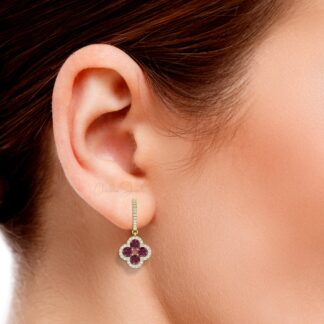 AAA Rhodolite Garnet Clover Earring In Solid 14k Gold Diamond Halo 4 Leaf Earrings