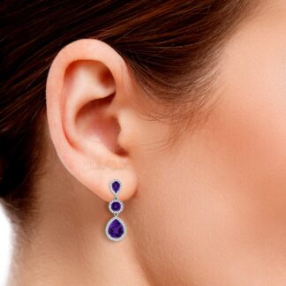 Dangle Halo Diamond Earrings In Real 14k Gold Amethyst 3 Ct Gemstone Women Earrings