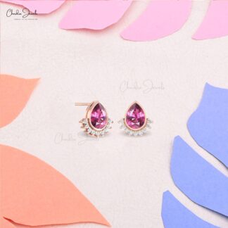 Solid 14k Gold Flare Stud With 1.26 Ct Rhodolite Garnet Diamond Handmade Earrings