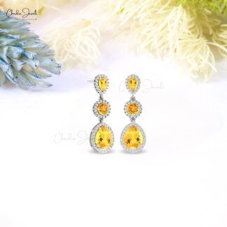 Cocktail Diamond Earrings With 6 Ct Citrine Dangle Halo Earring In 14k Real Gold Jewelry