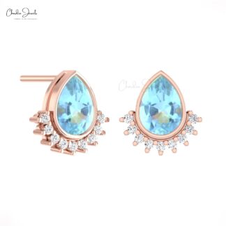 Teardrop Flare Earrings With 7x5mm Aquamarine Diamond Accents In 14k Solid Gold Jewelry