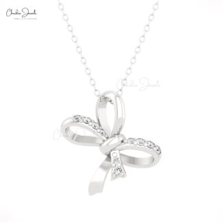 Ribbon Bow Curved Pendant In Solid 14k Gold G-H Diamond Hallmarked Twisted Necklace