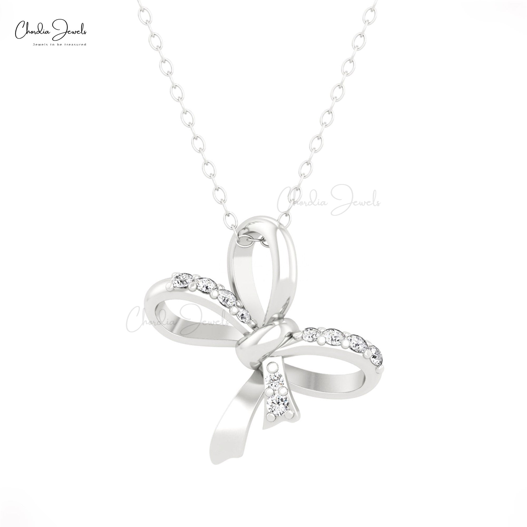 Ribbon Bow Curved Pendant In Solid 14k Gold G-H Diamond Hallmarked Twisted Necklace