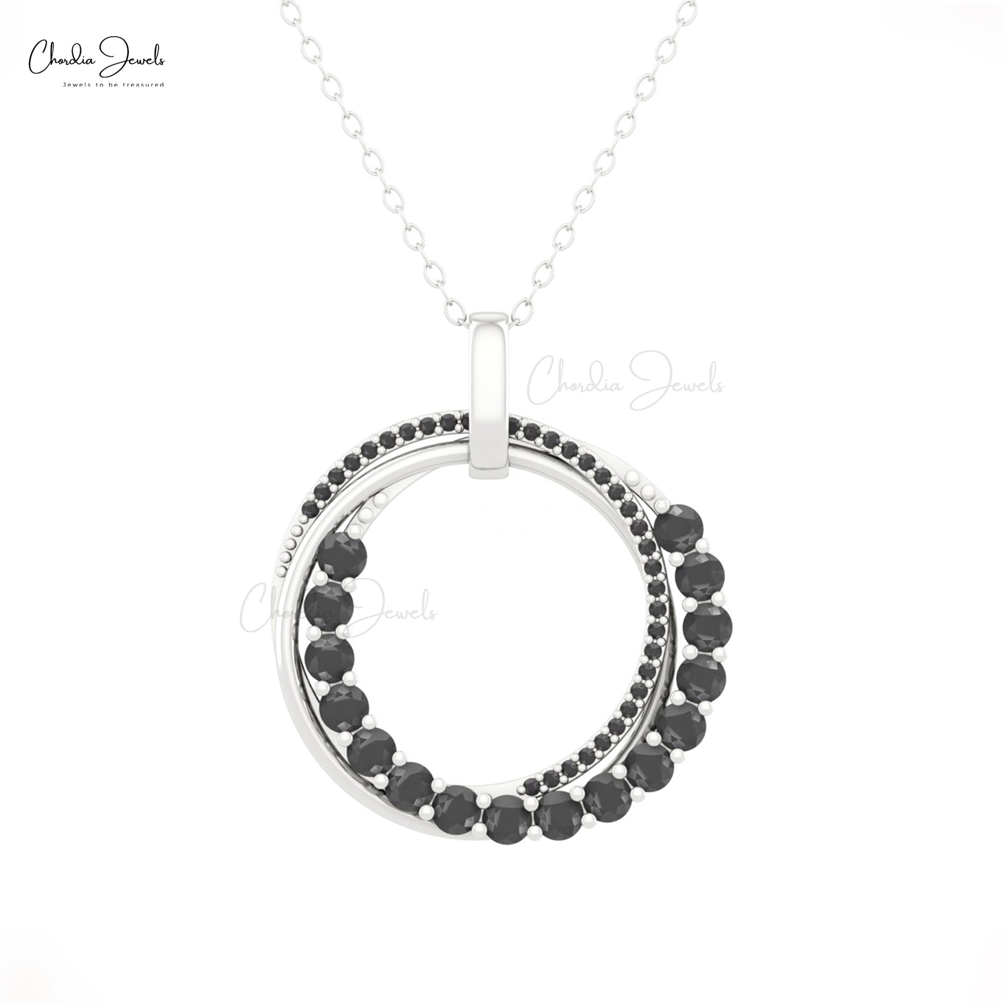 Dual Eternity Circle Pendant In 14k Real Gold Black Diamond 2.5mm Round Cut Pendants