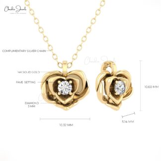 Rose Style Curved Pendant With 3mm White Diamond Solitaire Floral Necklace In 14k Gold