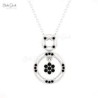 Dangle Black Diamond Open Circle Pendant With 0.19 Ct Round Cut 14k Real Gold Jewelry