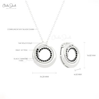 Open Circle Hidden Bail Pendant With 0.12 Ct Black Diamond Swirl Necklace In 14k Real Gold