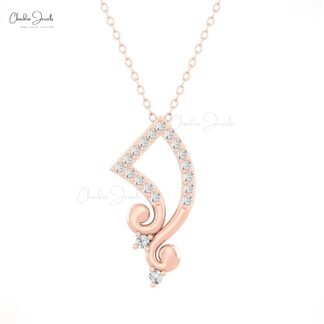 Musical Note Inspired Pendant In 14k Real Gold White Diamond Minimalist Necklace