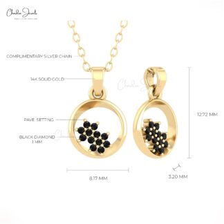 Cluster Open Circle Pendant With 0.06 Ct Black Diamond Pave Set 14k Solid Gold Pendant