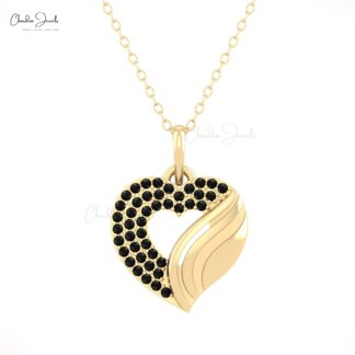 AAA Black Diamond Open Heart Pendant In Real 14k Gold Round Cut Love Fine Jewelry