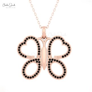 Butterfly Minimal Pendant In 14k Real Gold Black Diamond 1mm Round Cut Necklace For Her