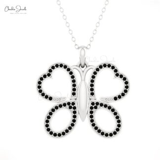 Butterfly Minimal Pendant In 14k Real Gold Black Diamond 1mm Round Cut Necklace For Her