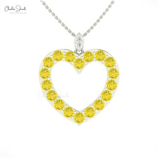 Dangle Open Heart Pendant With 3.06 Ct Yellow Sapphire And Diamond Necklace in 14k Gold