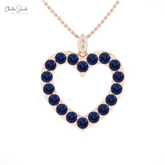 Brilliant Cut Hallow Heart Pendant In 14k Real Gold Blue Sapphire Diamond Love Pendants