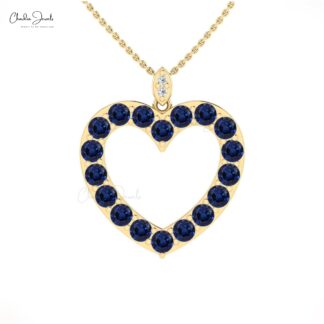 Brilliant Cut Hallow Heart Pendant In 14k Real Gold Blue Sapphire Diamond Love Pendants