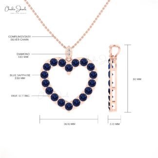 Brilliant Cut Hallow Heart Pendant In 14k Real Gold Blue Sapphire Diamond Love Pendants
