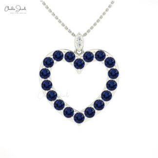 Brilliant Cut Hallow Heart Pendant In 14k Real Gold Blue Sapphire Diamond Love Pendants