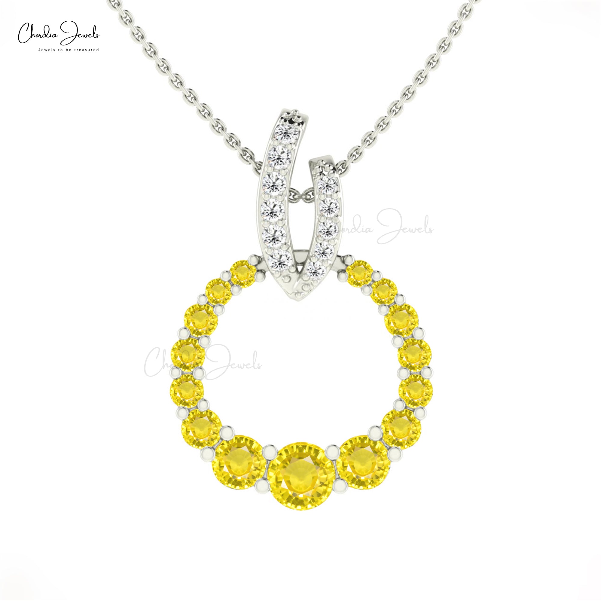 Circle Gemstone Pendant In 14k Solid Gold Yellow Sapphire And Diamond Curved Pendants