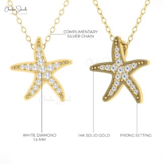 Real 14k Gold Cluster Pendant In 0.157 Ct White Diamond Star Fish Necklace For Women