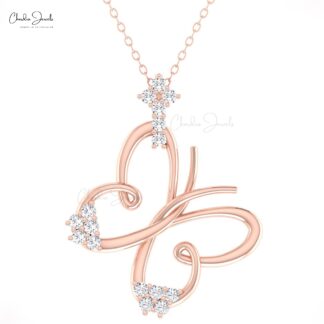 Diamond Butterfly Pendant With 2mm Round G-H Diamond Minimal Necklace In 14k Solid Gold
