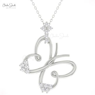 Diamond Butterfly Pendant With 2mm Round G-H Diamond Minimal Necklace In 14k Solid Gold