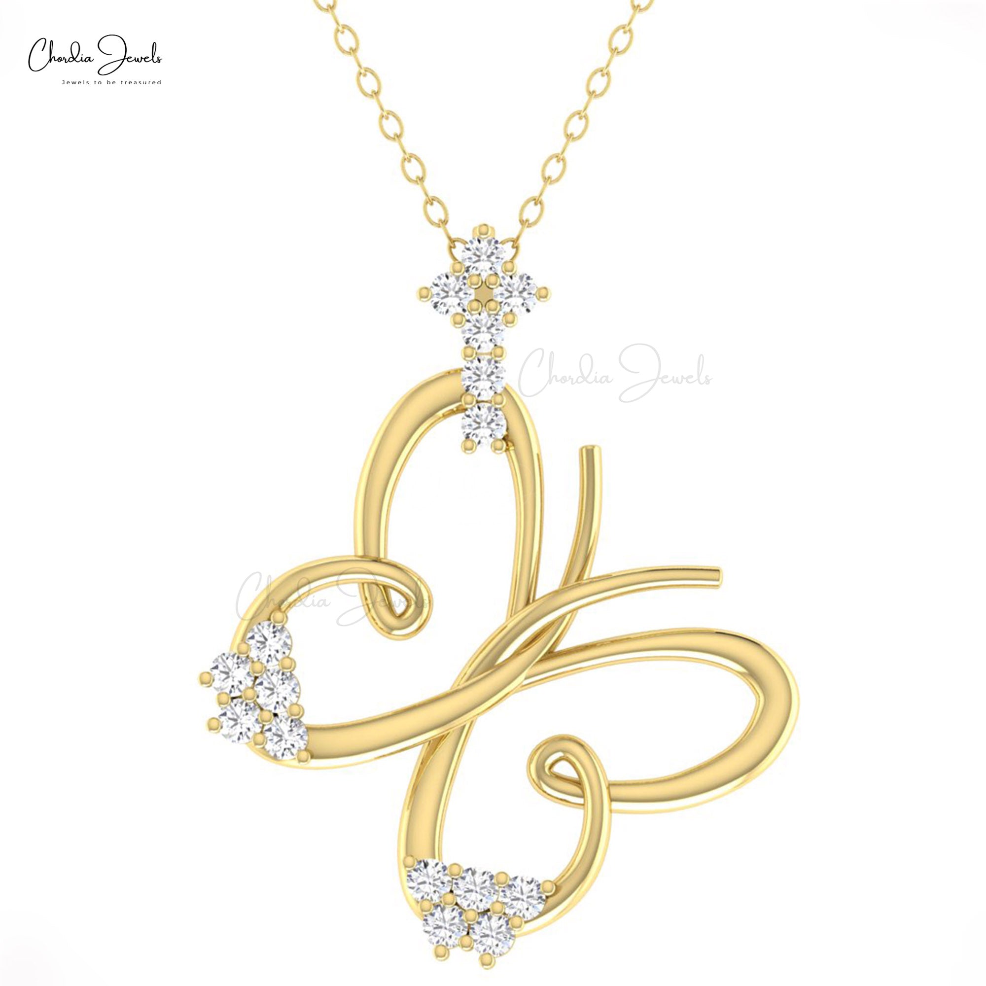 Diamond Butterfly Pendant With 2mm Round G-H Diamond Minimal Necklace In 14k Solid Gold