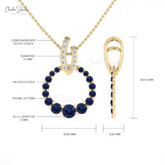 Brilliant Cut Circle Pendant In 14k Pure Gold Blue Sapphire With Pave Diamond Fine Jewelry