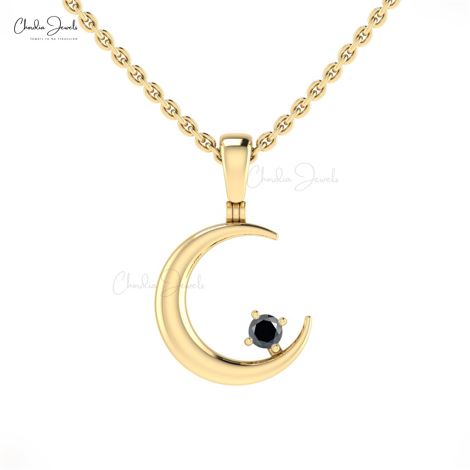 Natural Black Diamond Half Moon Pendant In 14k Real Gold Celestial Fine Jewelry For Her