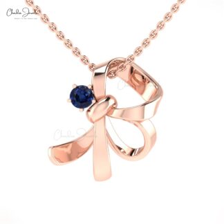 Curved Knot Women Pendant In 14k Solid Gold Blue Sapphire 0.11 Ct Gemstone Pendants