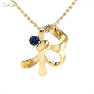 Curved Knot Women Pendant In 14k Solid Gold Blue Sapphire 0.11 Ct Gemstone Pendants