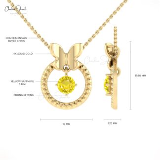 Round Cut Milgrain Pendant With 0.47 Ct Yellow Sapphire 14k Solid Gold Dangle Pendants
