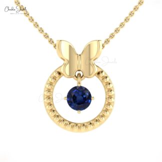 Single Stone Dangle Charm In 14k Pure Gold Blue Sapphire 5mm Round Solitaire Pendant