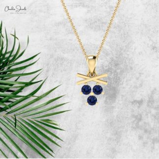 Triple Stone Women Pendant In Real 14k Gold Blue Sapphire 0.18 Ct Gemstone Fine Jewelry