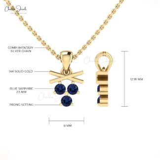 Triple Stone Women Pendant In Real 14k Gold Blue Sapphire 0.18 Ct Gemstone Fine Jewelry