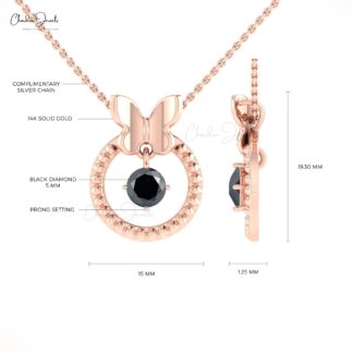 Pure 14k Gold Milgrain Pendant With 5mm Black Diamond Solitaire Dangling Necklace