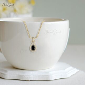 Solid 14k Gold G-H Diamond Halo Bail With Natural 0.71CT Oval Black Diamond Pendant