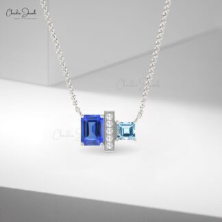 Solid 14k Gold Diamond Bar Necklace With 0.9 Ct Emerald And Aquamarine 7 Stone Necklaces