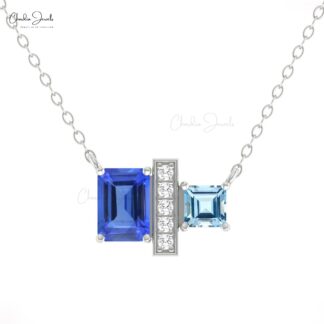 Solid 14k Gold Diamond Bar Necklace With 0.9 Ct Emerald And Aquamarine 7 Stone Necklaces