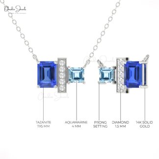 Solid 14k Gold Diamond Bar Necklace With 0.9 Ct Emerald And Aquamarine 7 Stone Necklaces