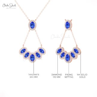 Genuine Tanzanite Cluster Y Necklace In Solid 14k Gold Halo Diamond Hallmarked Jewelry