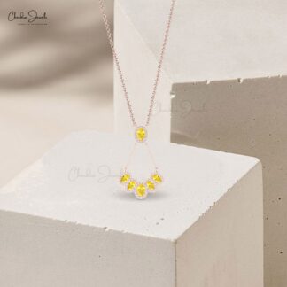 Pure 14k Gold Multi Halo Necklace With 1.76 Ct Yellow Sapphire Y Chain Necklaces For Her