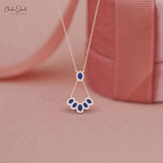 Oval Blue Sapphire Y Necklace With Multi Halo Diamond Pave In 14k Pure Gold Fine Jewelry