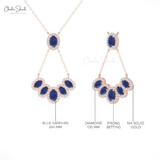 Oval Blue Sapphire Y Necklace With Multi Halo Diamond Pave In 14k Pure Gold Fine Jewelry