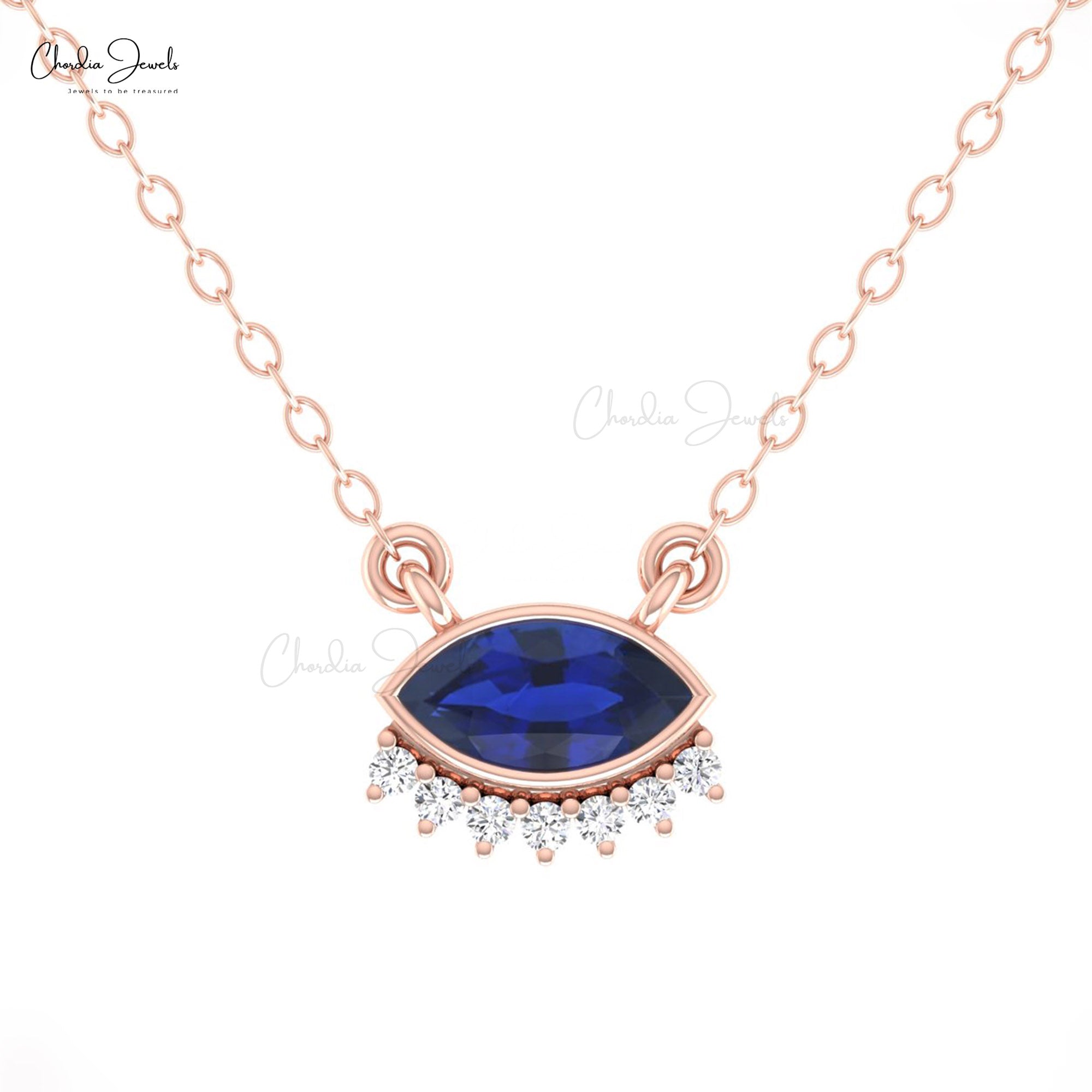 Bezel Set Marquise Necklace With 7×3.5mm Blue Saphire Dainty Diamond 14k Gold Fine Jewelry