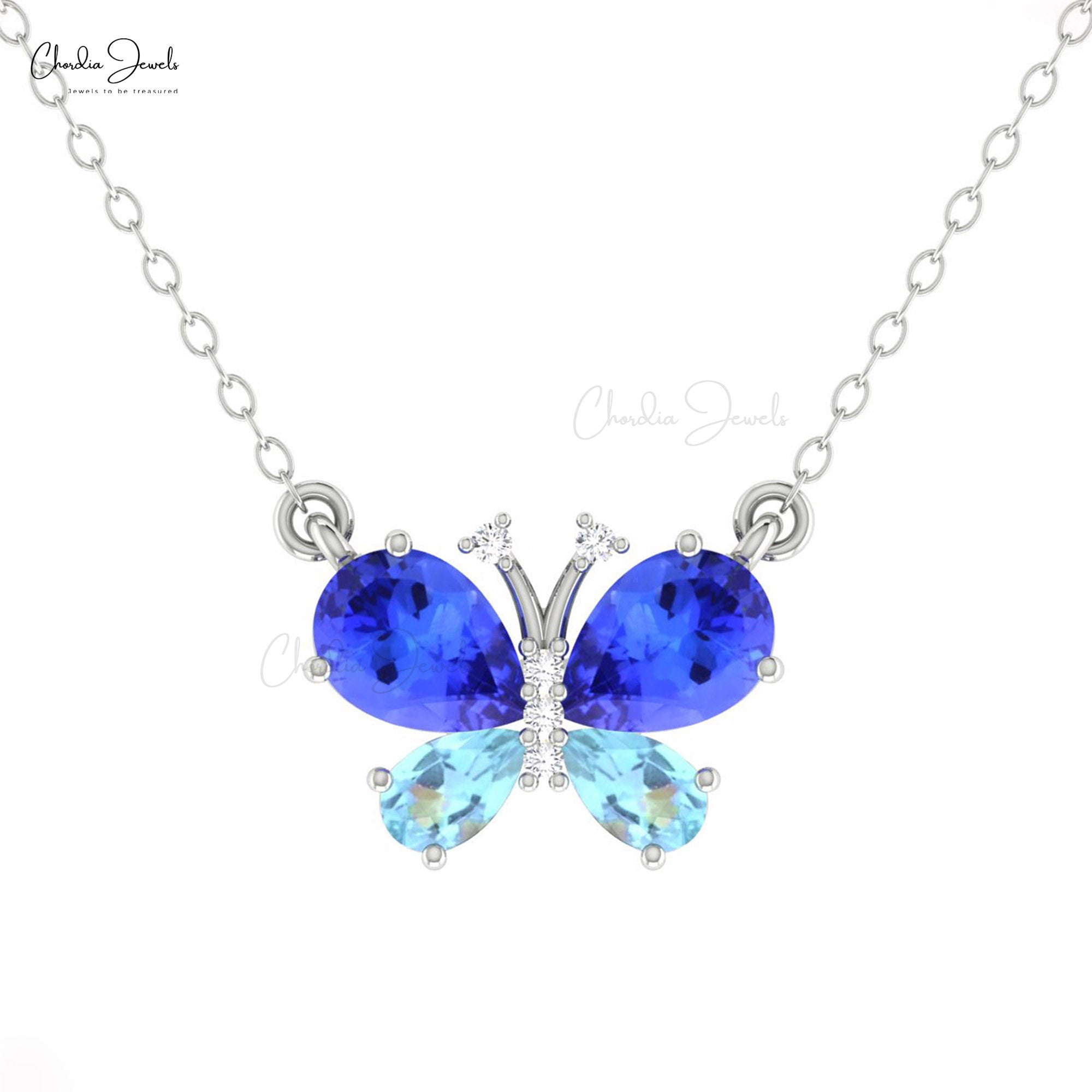 Solid 14k Gold Butterfly Necklace With 1.2 Ct Tanzanite And Aquamarine Diamond Pave Necklaces
