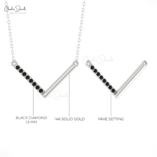Chevron Dailywear Necklace In 14k Real Gold Pave Black Diamond V Shape Bar Necklaces