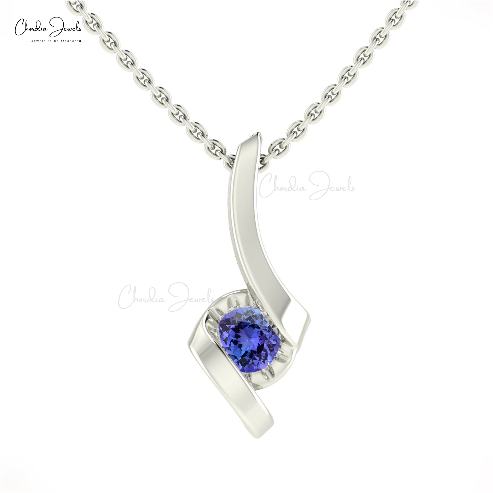 Natural 4mm Round Tanzanite Solitaire Gemstone Twisted Pendant in 14k Real Gold