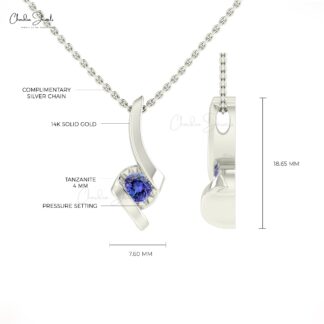 Natural 4mm Round Tanzanite Solitaire Gemstone Twisted Pendant in 14k Real Gold