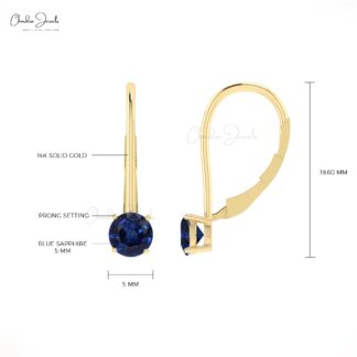 Dangling Round Earrings In Pure 14k Gold Blue Sapphire 5mm Gemstone Solitaire Fine Jewelry