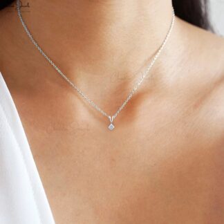 Single Stone Bezel Set Pendant In 14k Real White Gold Tiny Diamond Solitaire Pendants
